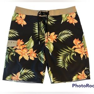 Rip Curl Mens Size 34 Hawaiian Floral Black Board Shorts with Side Pockets Surf